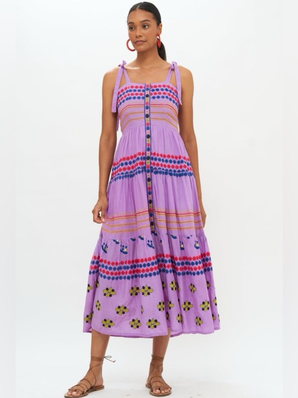 Oliphant Lavender Tiered Midi Dress with Multicolor Embroidery